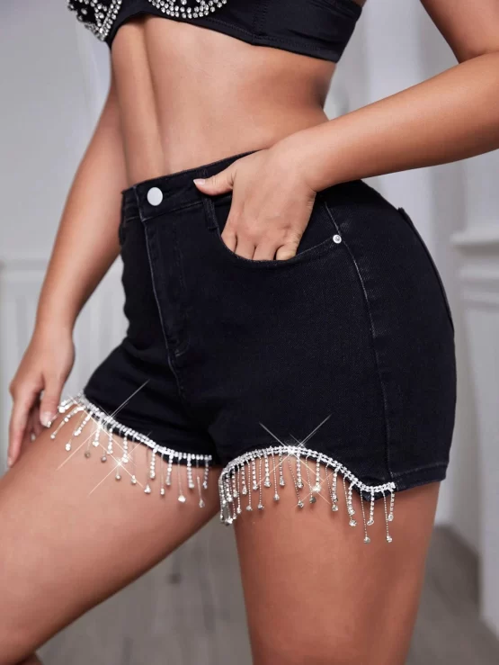 High Waist Rhinestone Fringe Trim Denim Shorts - Image 5