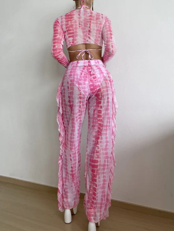 Tie Dye Bikini Set Tie Back Halter Triangle Bra & Bikini Swimsuit & Cover Up & Ruffle Trim Pants - Image 3