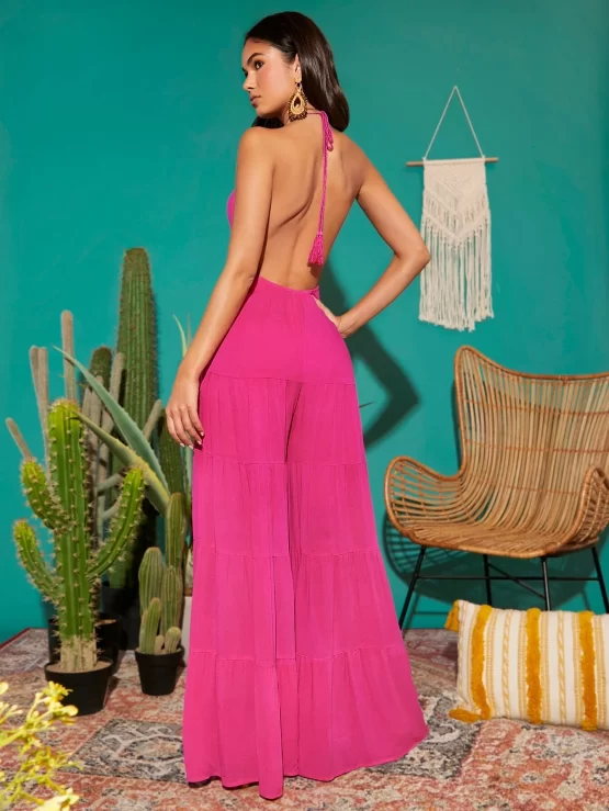 Tassel Ruffle Hem Halter Tie Backless Jumpsuit - Image 4