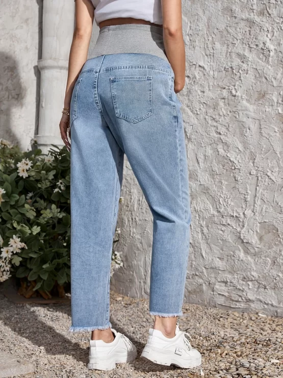 Maternity Color Block Pocket Raw Hem Jeans - Image 2