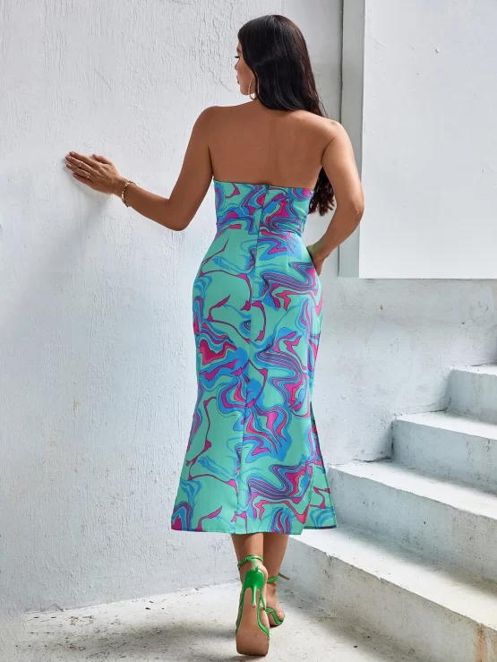 All Over Print Drawstring Front Split Halter Thigh Dress - Image 2