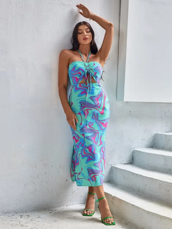 All Over Print Drawstring Front Split Halter Thigh Dress - Image 3