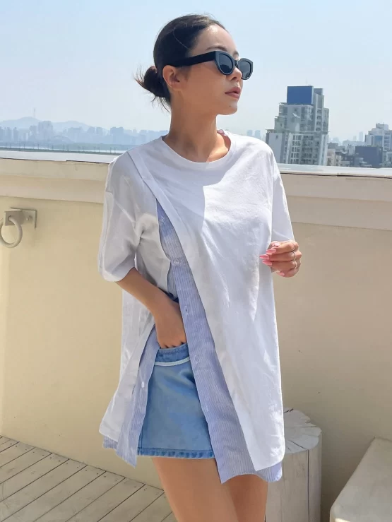 DAZY Casual Striped 2 In 1 Drop Shoulder Tee - Image 2