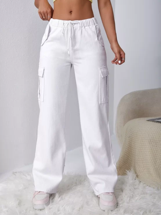Drawstring Waist Flap Cargo Pocket Jeans - Image 3