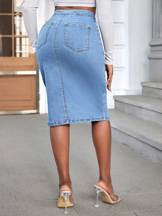 Button Front Pocket Fly Split Hem Denim Skirt - Image 2