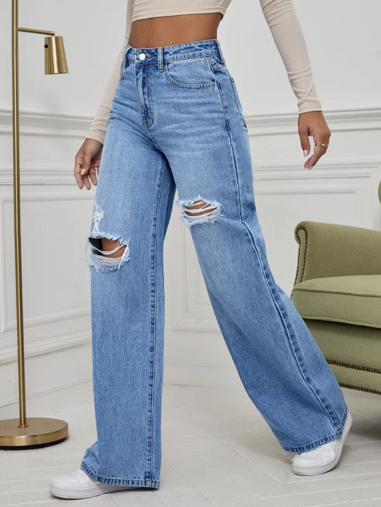 High Waist Button Pocket Ripped Wide Leg Jeans - Image 2