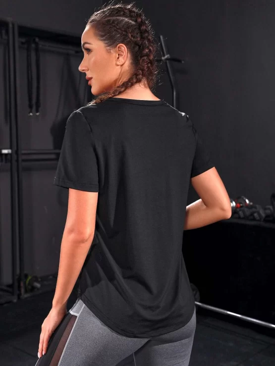 Curved Plain Neck Sleeve Hem Sports Tee - Image 2