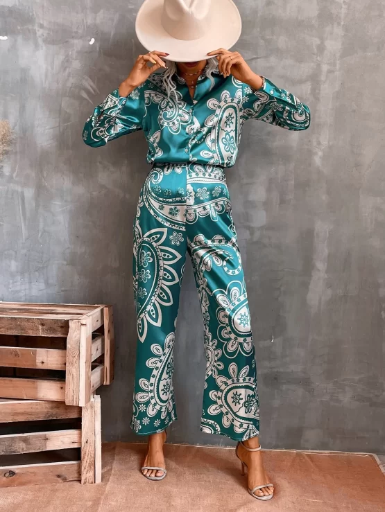 Floral & Paisley Boho Print Satin Shirt & Pants - Image 2