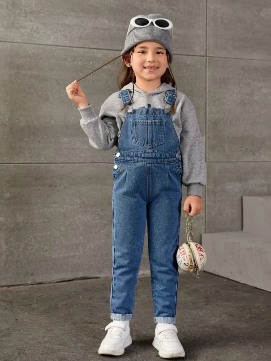 Toddler Girls Patched Denim Pocket Overalls - Image 2