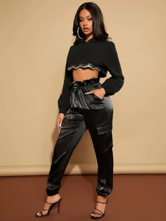 Drawstring Pocket Front Paperbag Waist Pants - Image 2