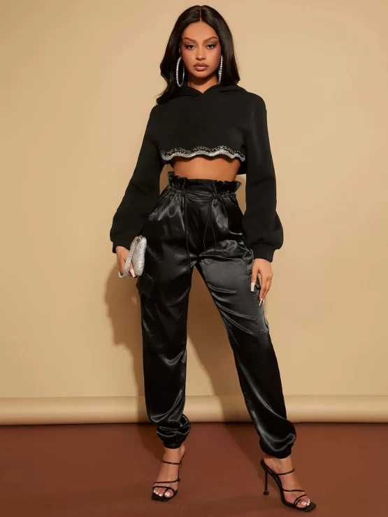 Drawstring Pocket Front Paperbag Waist Pants - Image 3