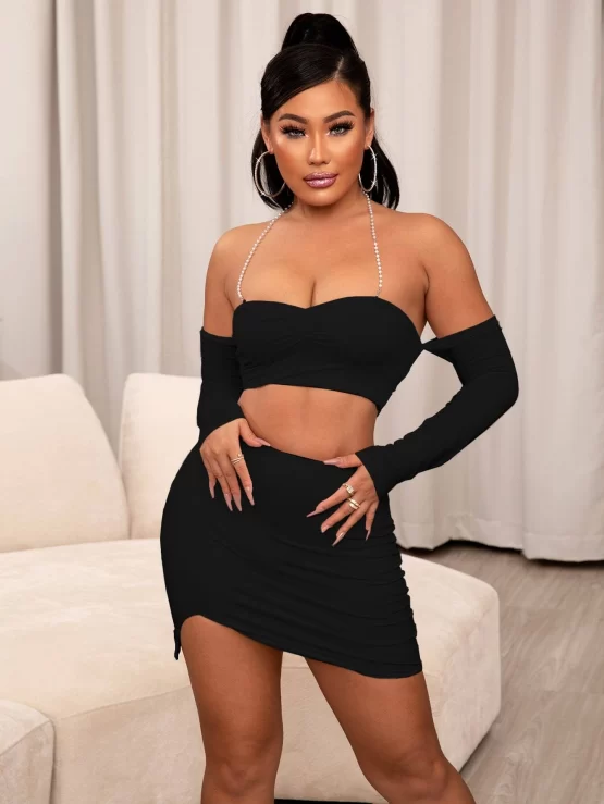 Joyfunear Chain Detail Ruched Crop Top & Bodycon Skirt - Image 4
