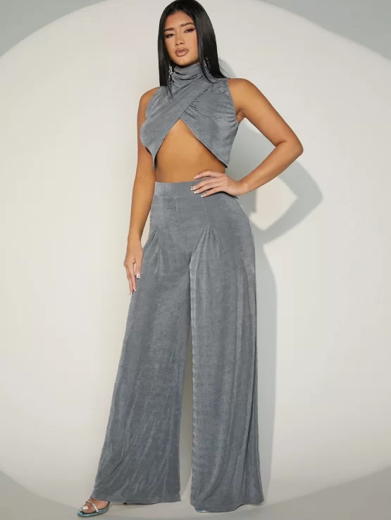 Mock Neck Wrap Cross Crop Tank Top & Wide Leg Pants - Image 3