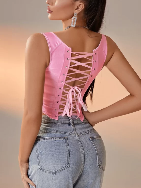 Lace Up Back Asymmetrical Hem Boned Corset Knot Shoulder Top - Image 2