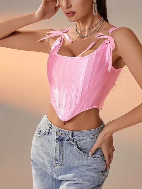 Lace Up Back Asymmetrical Hem Boned Corset Knot Shoulder Top - Image 3