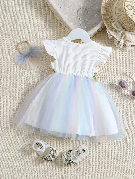 Baby Appliques Detail Flutter Sleeve Ombre Overlay Mesh Dress Headband - Image 3