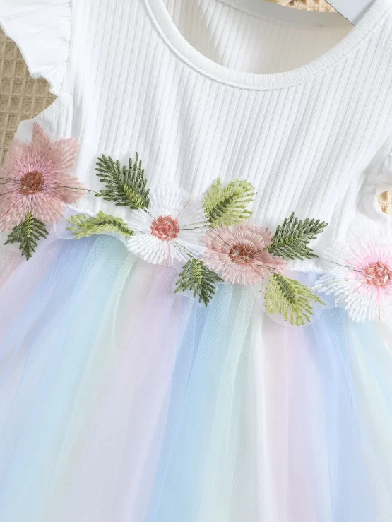 Baby Appliques Detail Flutter Sleeve Ombre Overlay Mesh Dress Headband - Image 2