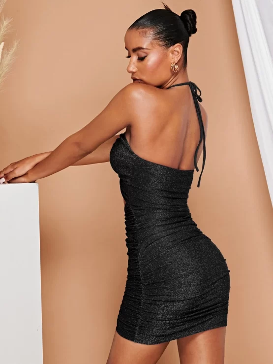 BAE Criss Cross Tie Back Ruched Front Glitter Halter Bodycon Dress - Image 5