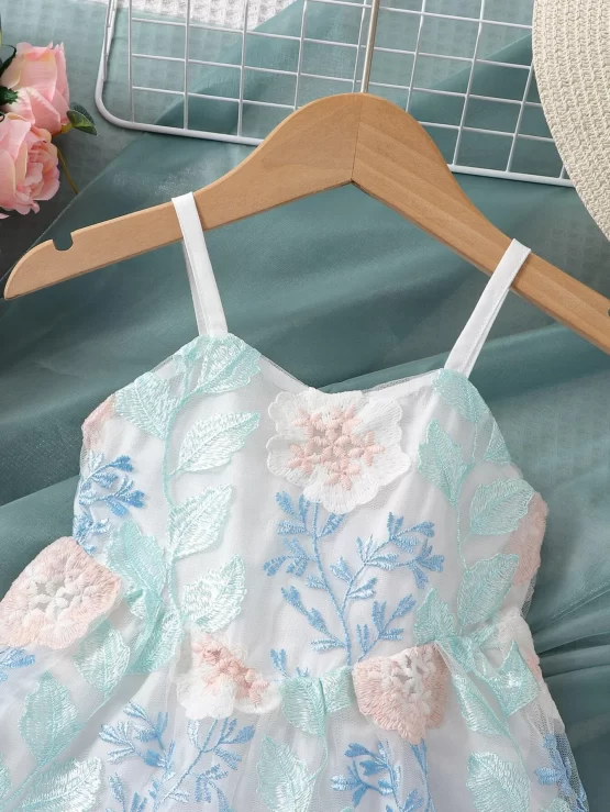 Baby Floral Embroidery Mesh Overlay Cami Dress - Image 2