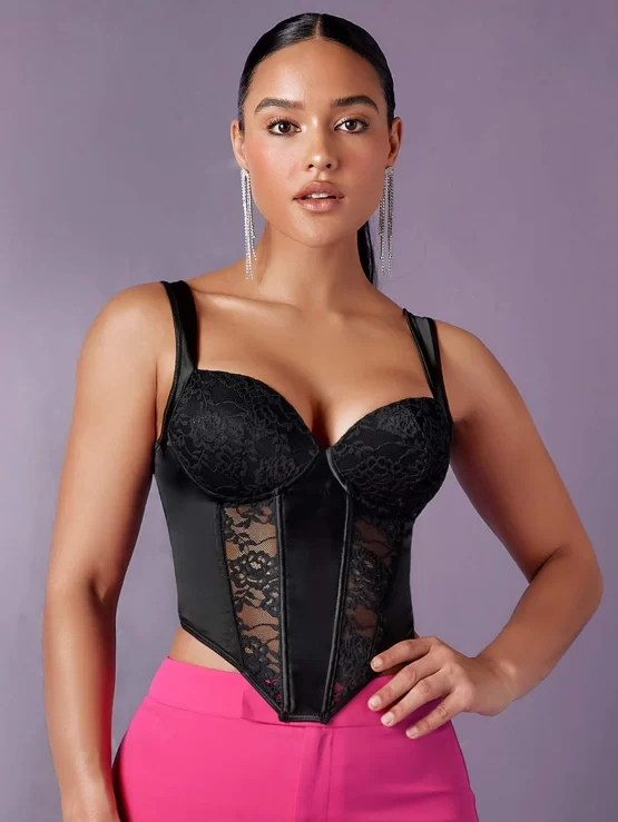 Lace Panel Asymmetrical Hem Bustier Cami Top - Image 2