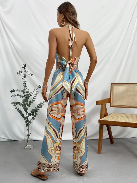 All Over Print Draped Collar Backless Halter Top & Wide Leg Pants - Image 2