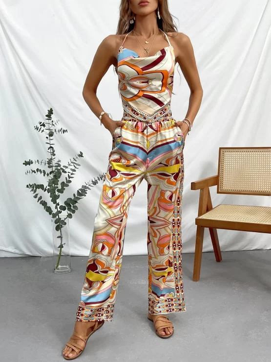 All Over Print Draped Collar Backless Halter Top & Wide Leg Pants - Image 3