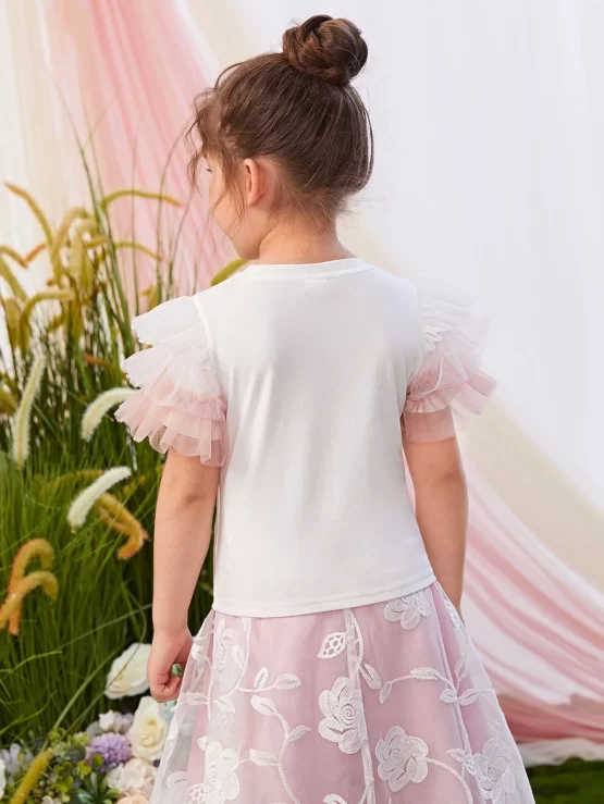 Toddler Girls Contrast Mesh Layered Sleeve Front Tee - Image 3