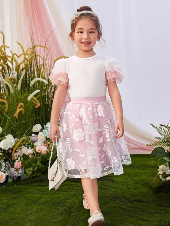 Toddler Girls Contrast Mesh Layered Sleeve Front Tee - Image 2