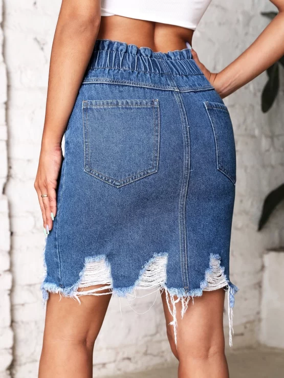 Paperbag Waist Ripped Raw Cut Split Hem Denim Skirt - Image 3