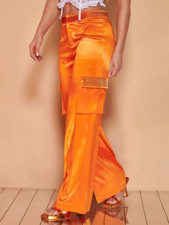 BAE Solid Flap Pocket Side Satin High Waist Pants - Image 2