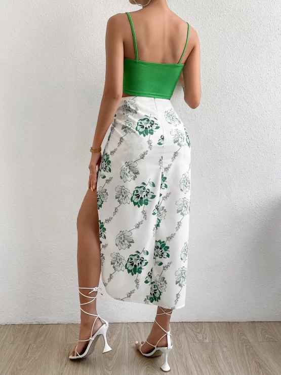 Unity Solid Cami Top & Floral Print Knot Side Wrap Skirt - Image 2