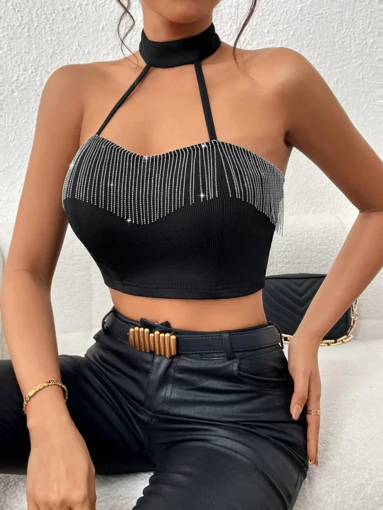 BAE Fringe Backless Sexy Trim Halter Top - Image 3