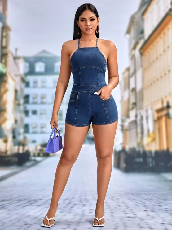 Lace Up Sexy Criss Cross Denim Back Romper - Image 3