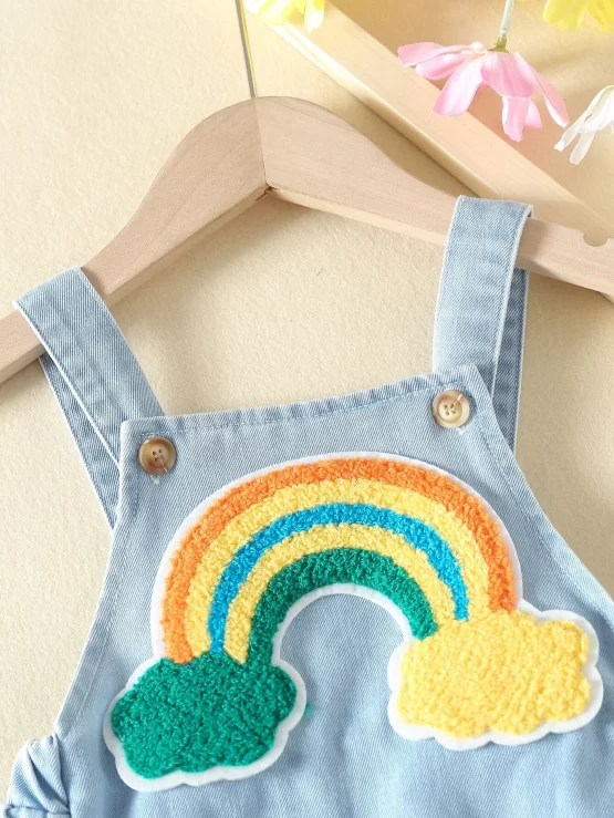 Baby Rainbow Patched Ruffle Trim Denim Overall Romper - Image 3