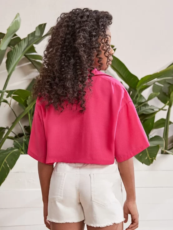 Girls Solid Drop Shoulder Crop Sleeve Shirt - Image 3