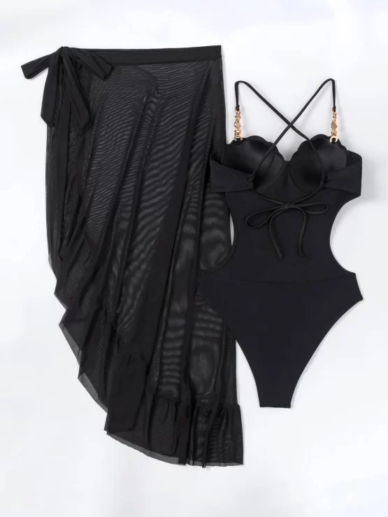 Plain Underwire One Piece Bikini Swimsuit With Beach Skirt - Image 9