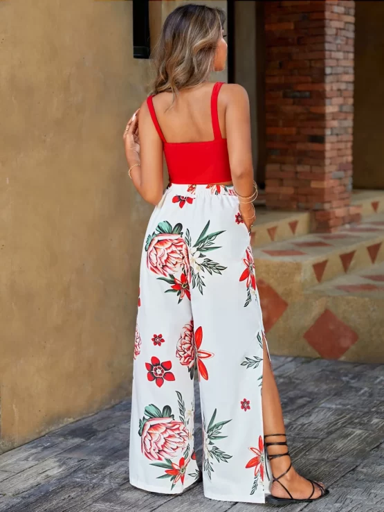 EMERY ROSE Solid Cami Top & Floral Print Split Thigh Pants - Image 2