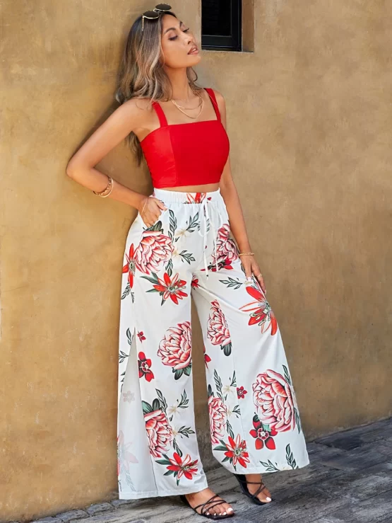 EMERY ROSE Solid Cami Top & Floral Print Split Thigh Pants - Image 3
