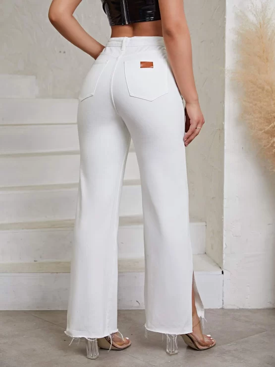 High Waist Patched Detail Split Hem Flare Leg Jeans - Image 2