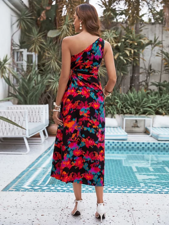 All Over Floral Print One Shoulder Split Thigh Dress - Image 2