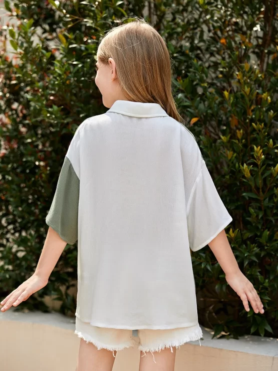 Girls Color Block Drop Shoulder Pocket Patched Sleeve Shirt - Image 3