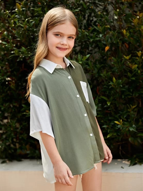 Girls Color Block Drop Shoulder Pocket Patched Sleeve Shirt - Image 2