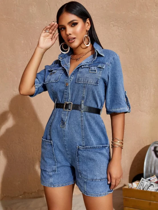 Flap Pocket Roll Tab Denim Cargo Sleeve Romper With Belt - Image 2