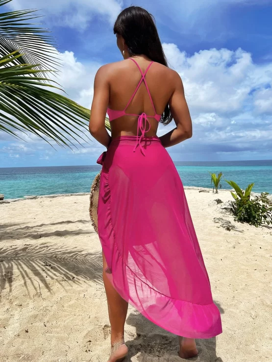 Plain Underwire One Piece Bikini Swimsuit With Beach Skirt - Image 6