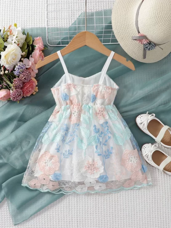 Baby Floral Embroidery Mesh Overlay Cami Dress - Image 3