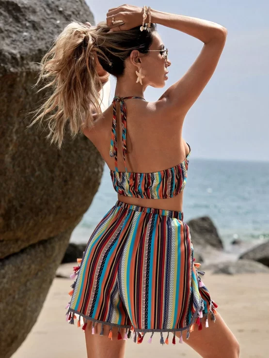 Striped Print Cami Top & Tassel Trim Drop Shoulder Coat & Shorts - Image 3