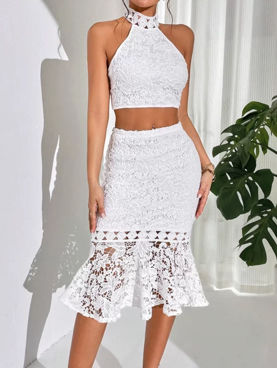 Unity Guipure Lace Backless Halter Top & Mermaid Hem Skirt - Image 3
