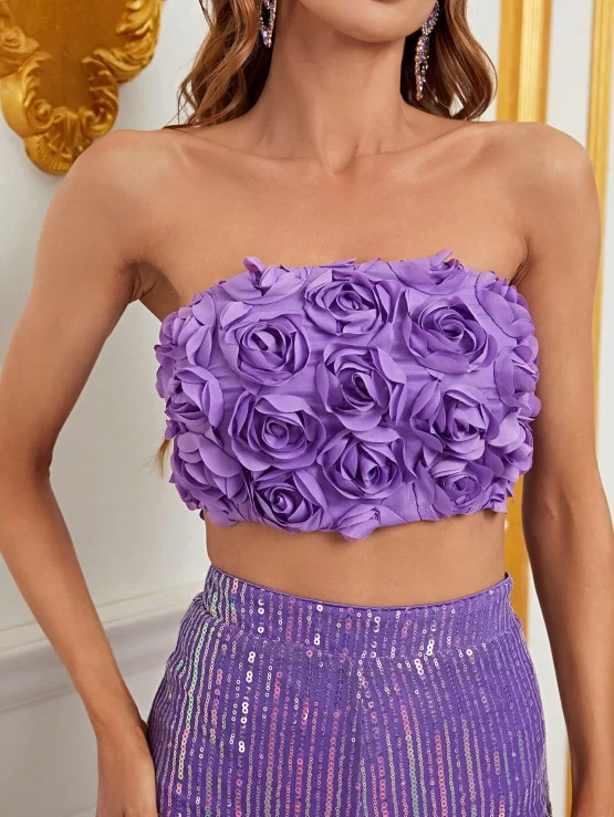 Floral Shirred Back Tube Top & Wide Leg Sequin Pants - Image 3