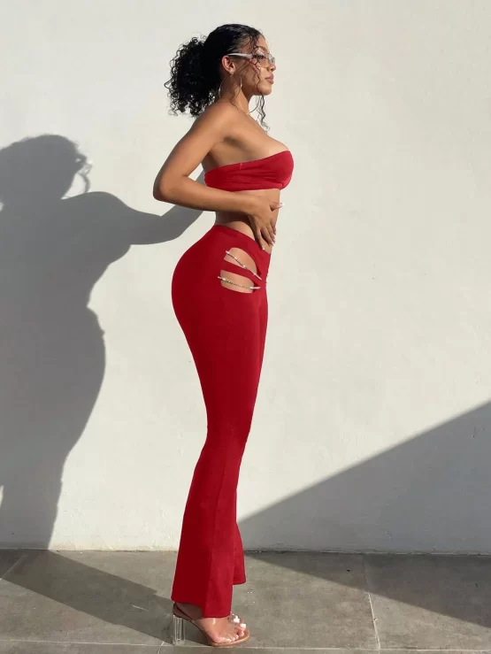 Cut Out Sexy Rhinestone Detail Flare Leg Pants - Image 2