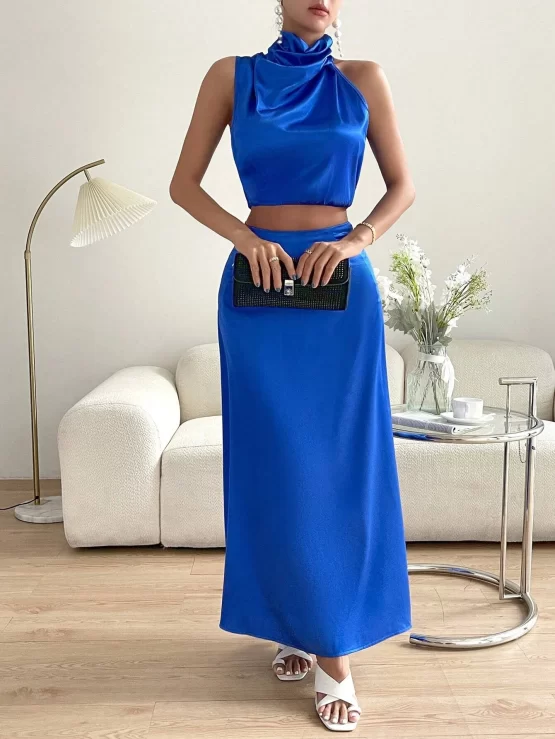 Unity Solid Draped Detail Crop Blouse & Skirt - Image 3